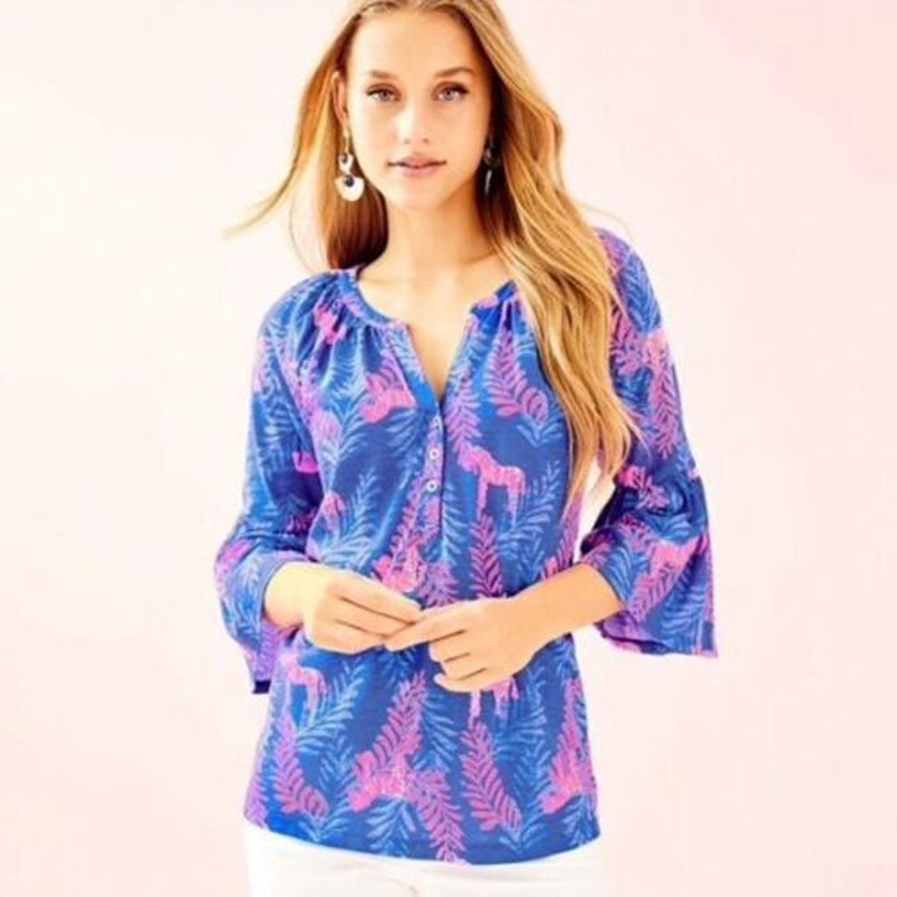 Lilly Pulitzer Teigen Blouse Top Zebra Print Flounce Sleeves Cotton